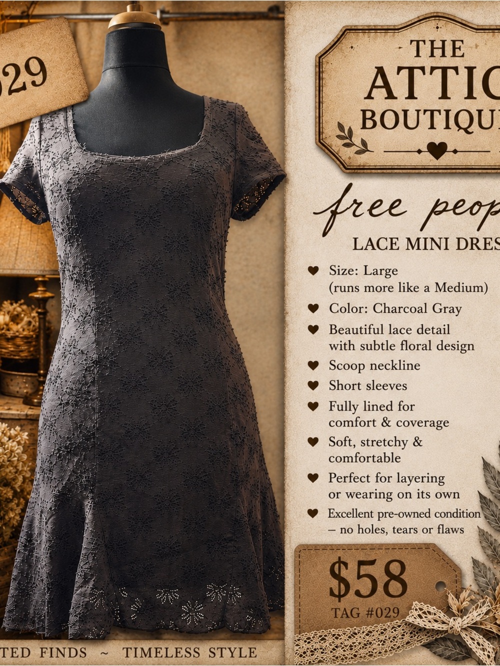 Free People Charcoal Gray Floral Lace Mini Dress